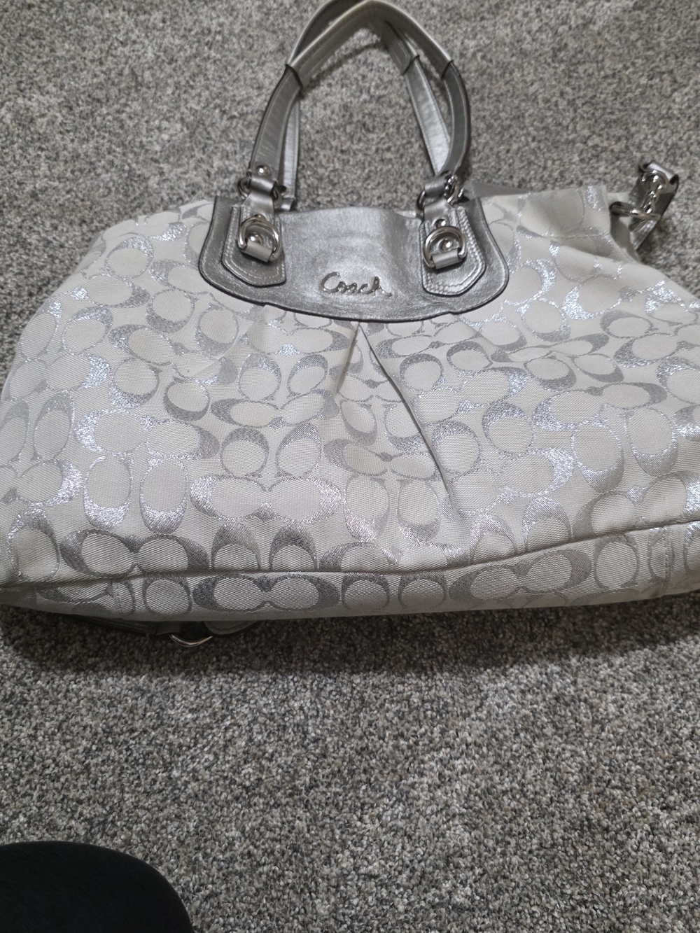 Coach Metallic Signature Tote in Silver/Off-White